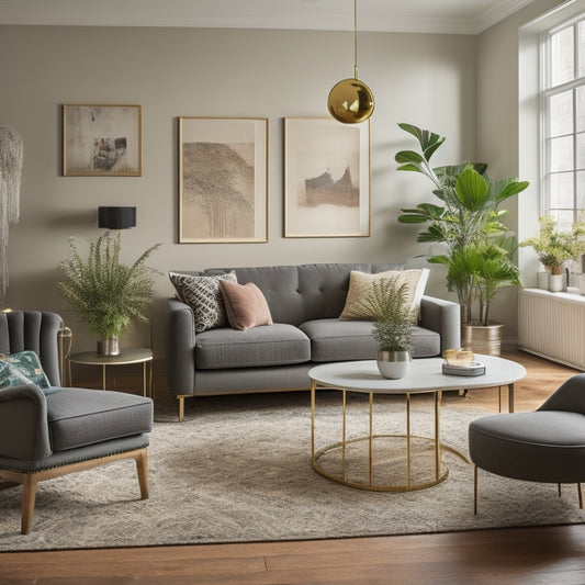 A stylishly decorated living room in a rental space, with a plush area rug, a sleek coffee table, and a statement light fixture, surrounded by minimalist décor and lush greenery.