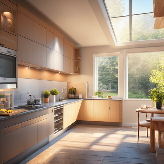 A tidy, modern kitchen with a hidden pull-out pantry, sleek cabinets, and a built-in coffee station, illuminated by natural light streaming through a large skylight above.