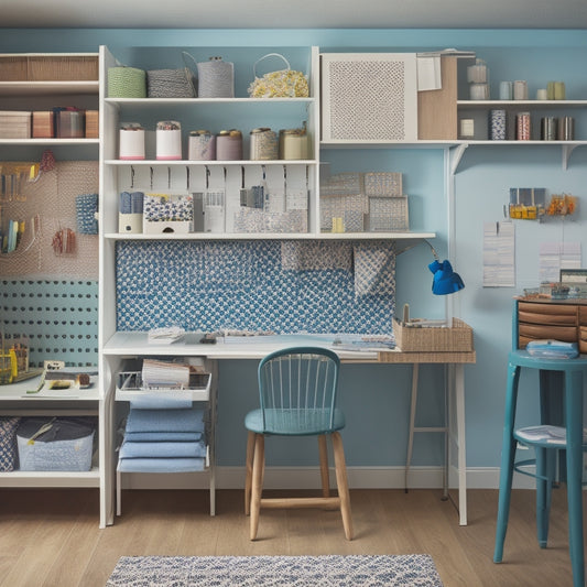 A tidy sewing room with a wall-mounted pegboard holding rolled patterns, a nearby shelf with labeled storage bins, and a desk with a pattern organizer and a few neatly folded fabric scraps.