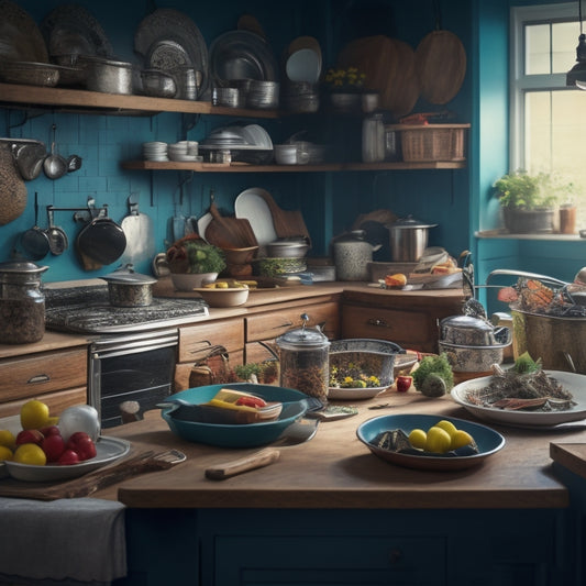 A cluttered kitchen with piles of dirty dishes, utensils scattered on countertops, and a messy island, contrasted with a blurred background of a sleek, organized kitchen with ample storage and a clear workflow.