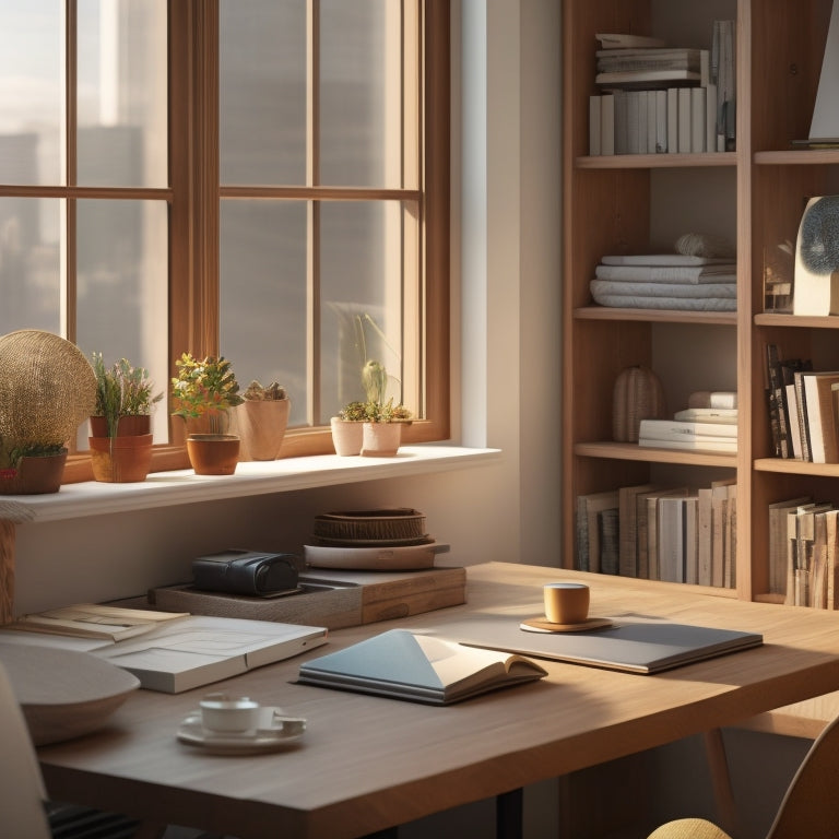 A warm, inviting workspace with a wooden desk, tidy bookshelves, and a few elegant, minimal decorations, surrounded by soft, natural light and a subtle cityscape background.