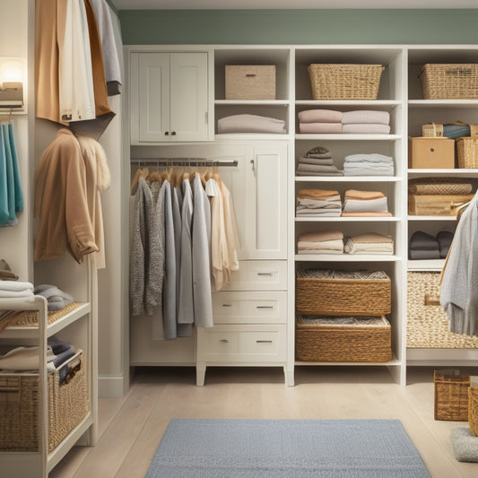 A serene, well-lit closet interior with a mix of open shelves, baskets, and double rods, showcasing a harmonious blend of hung garments, folded items, and decorative storage containers.