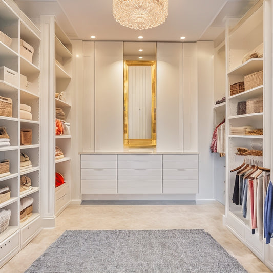 A modern, bright walk-in closet with sleek, floor-to-ceiling white shelves, drawers, and cabinets, featuring a central island with a built-in bench and a hanging rod system with velvet-lined shelves.