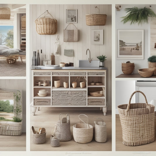 A serene, minimalist illustration of a clutter-free home with multiple islands, each featuring distinct design elements: a wooden island with woven baskets, a modern island with sleek drawers, and a rustic island with vintage crates.