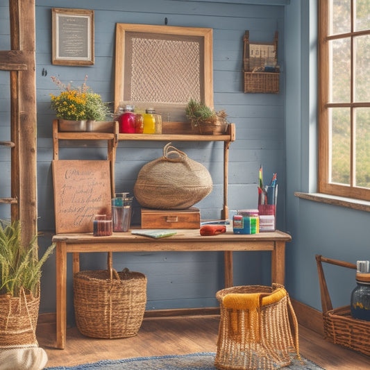 A clutter-free workspace with a repurposed wooden ladder leaning against a wall, holding three woven baskets, a vintage window turned chalkboard, and a mason jar filled with colorful pens.