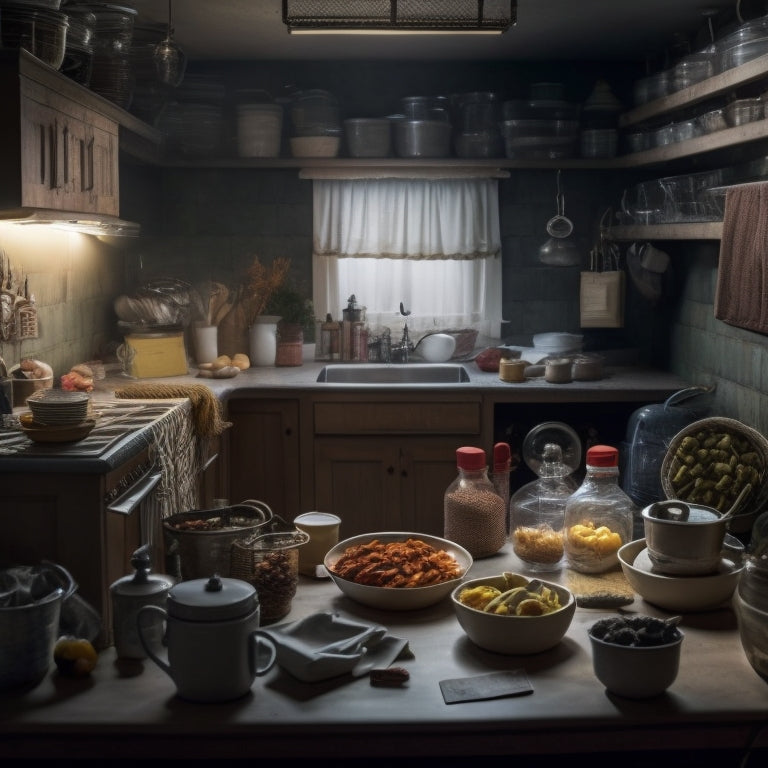 A dimly lit kitchen with cluttered cabinets, overstuffed with mismatched containers, tangled cords, and expired food, surrounded by scattered recipe books and crumpled papers, evoking a sense of overwhelm and chaos.