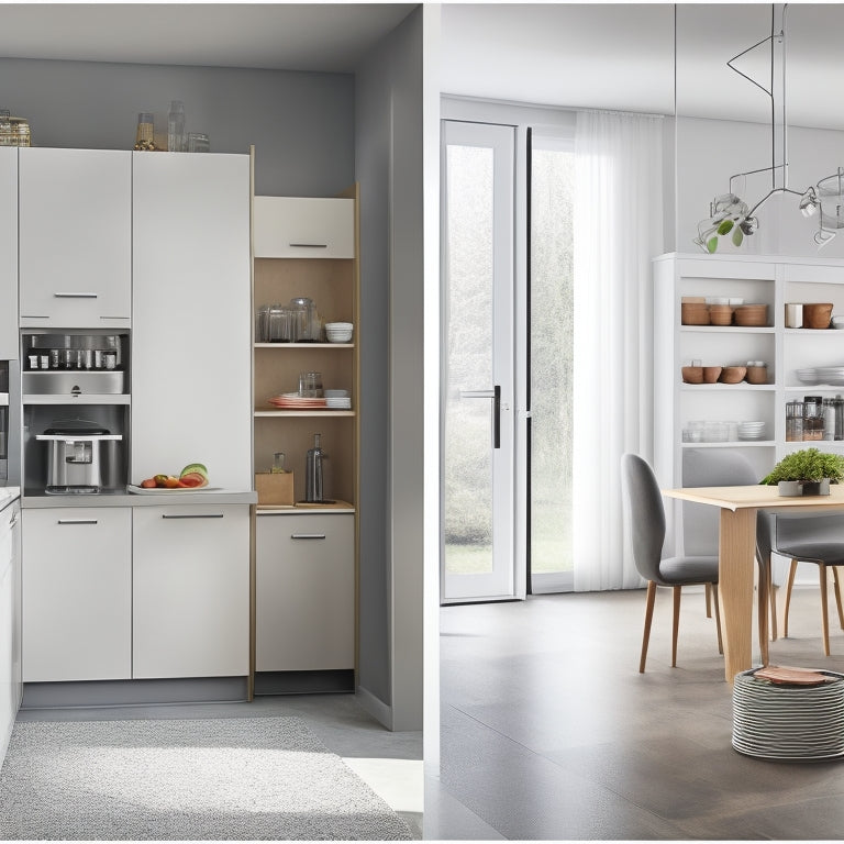 A modern, sleek kitchen with compact furniture: a wall-mounted fold-down table, a slide-out trash can, and a narrow, tall pantry with pull-out shelves, surrounded by white walls and large windows.