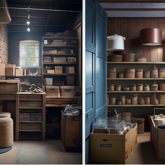 Illustrate a split-screen image: on the left, a cluttered, old attic with trunks and dusty boxes, and on the right, a modern, sleek storage room with minimalist shelving and labeled containers.