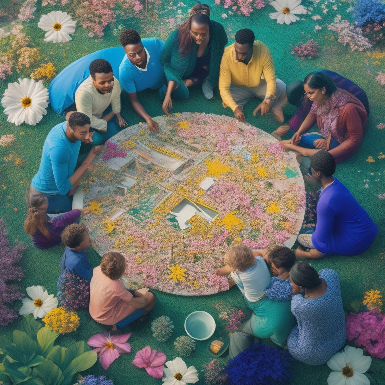 A vibrant, stylized illustration of a diverse group of people, including students, teachers, and community members, gathered around a large, glowing puzzle piece, surrounded by blooming flowers and broken concrete.