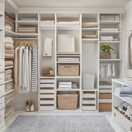 A serene, bright, and organized walk-in closet with white shelves, drawers, and rods, featuring a mix of neatly hung clothes, folded items, and stylish storage bins in a calm, neutral color palette.