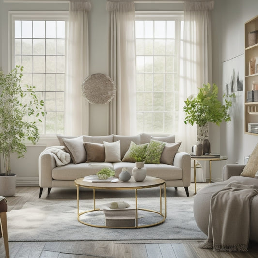 A serene and organized living room with a few, carefully selected decorative items, surrounded by empty space, featuring a calm color palette and natural light pouring in through large windows.