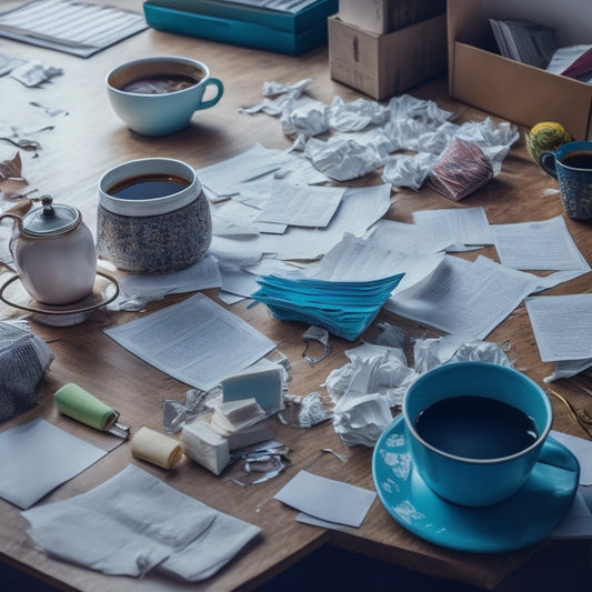 A cluttered desk with stacks of paper, crumpled notes, and tangled cords, surrounded by empty coffee cups and forgotten snacks, with a frazzled person's hands buried beneath the chaos.