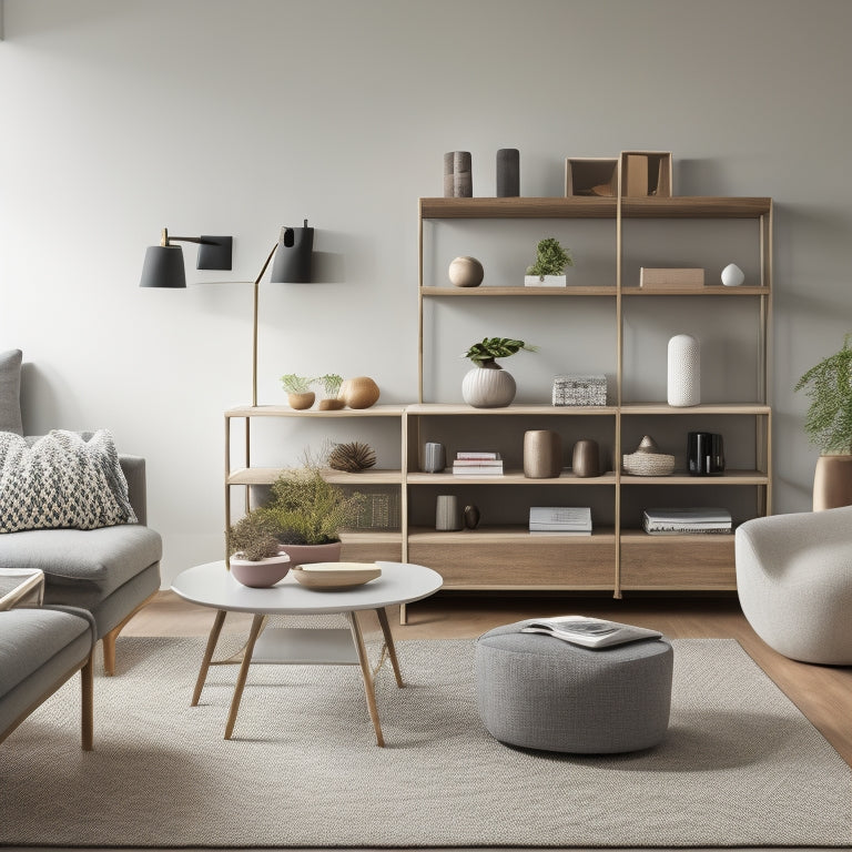 A minimalist, modern living room with a sleek, wall-mounted shelving unit, a storage ottoman, and a coffee table with built-in baskets, surrounded by a few, carefully-placed decorative objects.