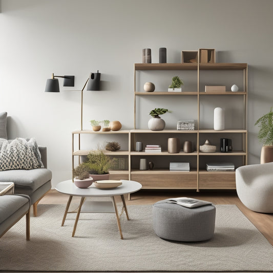 A minimalist, modern living room with a sleek, wall-mounted shelving unit, a storage ottoman, and a coffee table with built-in baskets, surrounded by a few, carefully-placed decorative objects.