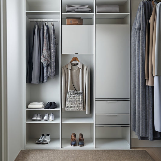 A minimalist, modern closet with a smartphone on a shelf, surrounded by neatly organized clothes and shoes, with a subtle grid of digital closet app screens reflected on the wall.