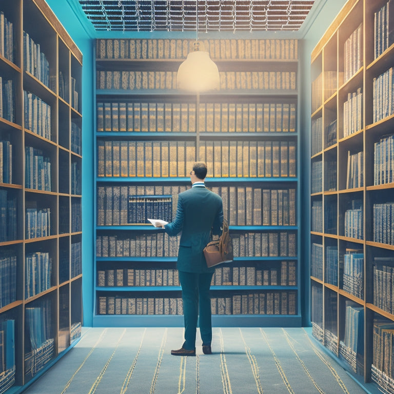 A stylized illustration of a person standing in front of a large, organized bookshelf filled with labeled folders and contacts, with a subtle background of connected nodes and lines.