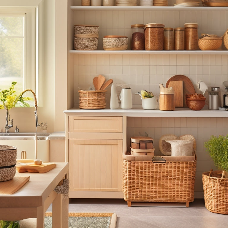 A tidy kitchen with cream-colored cabinets, adorned with woven storage baskets in natural fibers, filled with curated kitchen utensils and cookbooks, against a warm beige background.