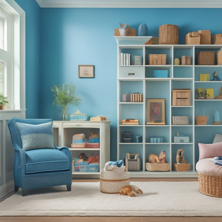 A serene, well-lit living room with floor-to-ceiling shelves, baskets, and bins in a calming color palette, showcasing neatly organized toys, books, and decorative items, with plenty of negative space.