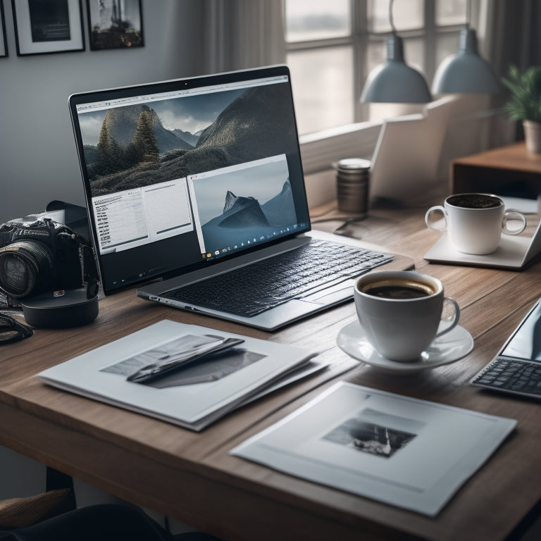 A tidy, modern desk with a sleek laptop, a few neatly labeled folders, and a cup of coffee, surrounded by a blurred background of previously cluttered digital files and cables.