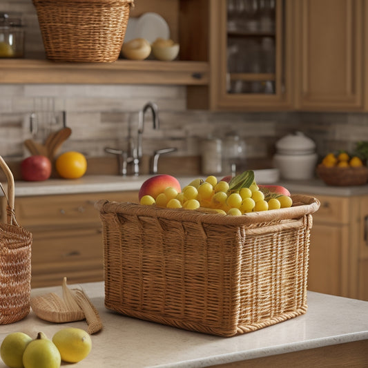 A tidy kitchen countertop with a utensil organizer, a tiered spice rack, a small appliance garage, and a woven basket containing fresh fruit, set against a warm, creamy background.