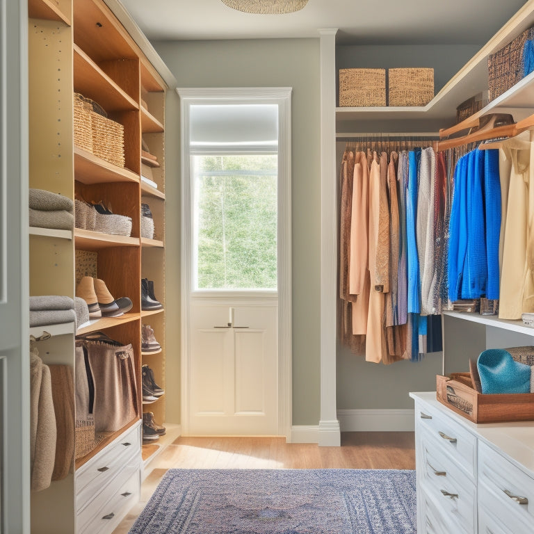 A bright, organized walk-in closet with wooden shelves, velvet hangers, and a floor-to-ceiling shoe rack, surrounded by soft, natural light and a hint of greenery.