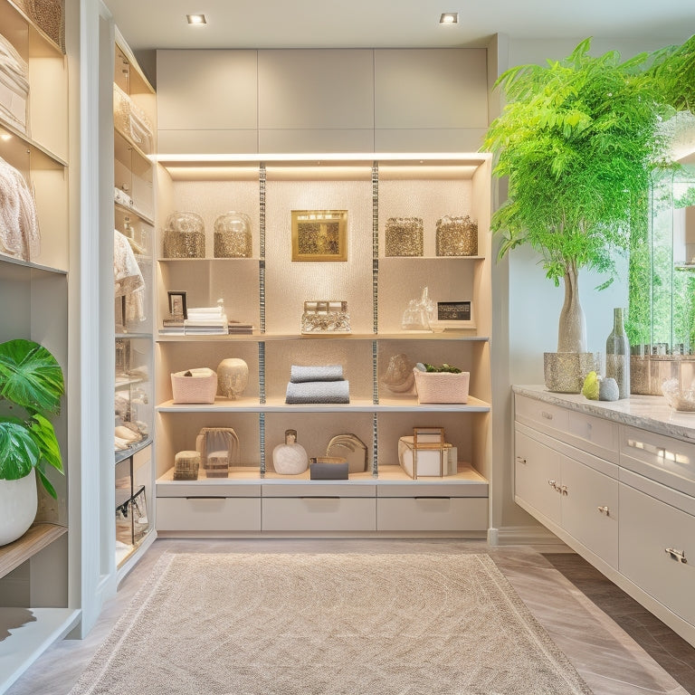 A serene, modern walk-in closet with floor-to-ceiling shelves, soft LED lighting, and a central island featuring a built-in jewelry organizer and ergonomic stool, surrounded by calming neutral tones and lush greenery.