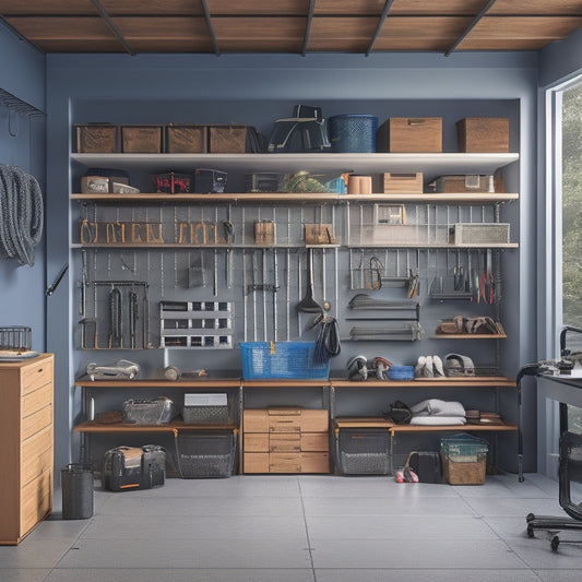 A well-lit, clutter-free garage interior with 10 distinct organization zones, each featuring a different storage solution (e.g., pegboard, shelving, bins, hooks) and a few neatly arranged tools and sports equipment.