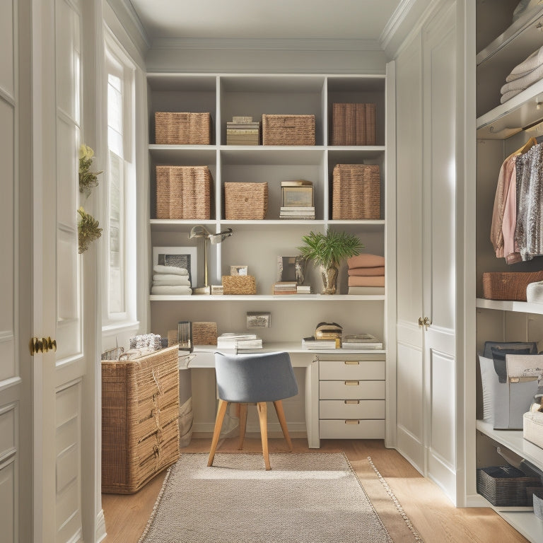 A serene, organized closet with a built-in desk, surrounded by floor-to-ceiling shelves, adorned with chic decor, and flooded with natural light pouring in through a large window.