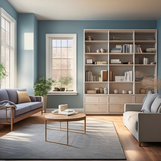 A clutter-free, minimalist living room with a Murphy bed, built-in shelves, and a storage ottoman, featuring a calming color palette and natural light pouring in through a large window.