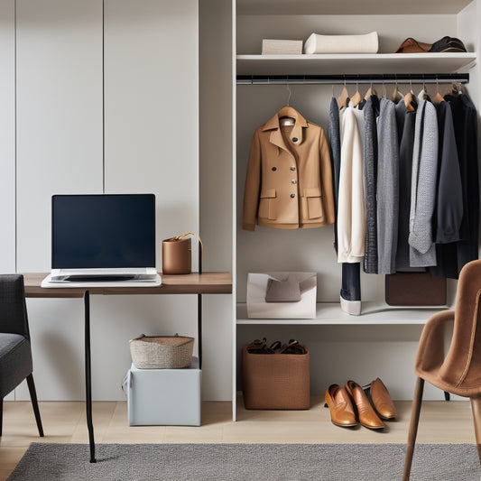 A minimalist closet with a few neatly organized outfits on a rack, a few shoes on a shelf, and a laptop open on a nearby table, displaying a digital closet organization app.