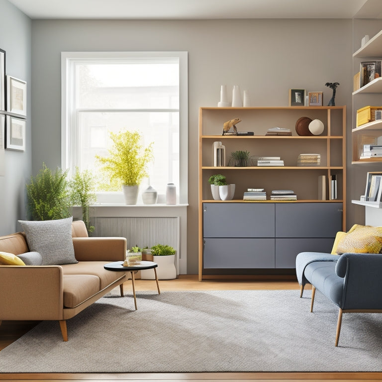 A bright, modern living room with a minimalist aesthetic, featuring a sleek, wall-mounted shelving unit, a storage ottoman, and a compact, space-saving desk with built-in drawers.