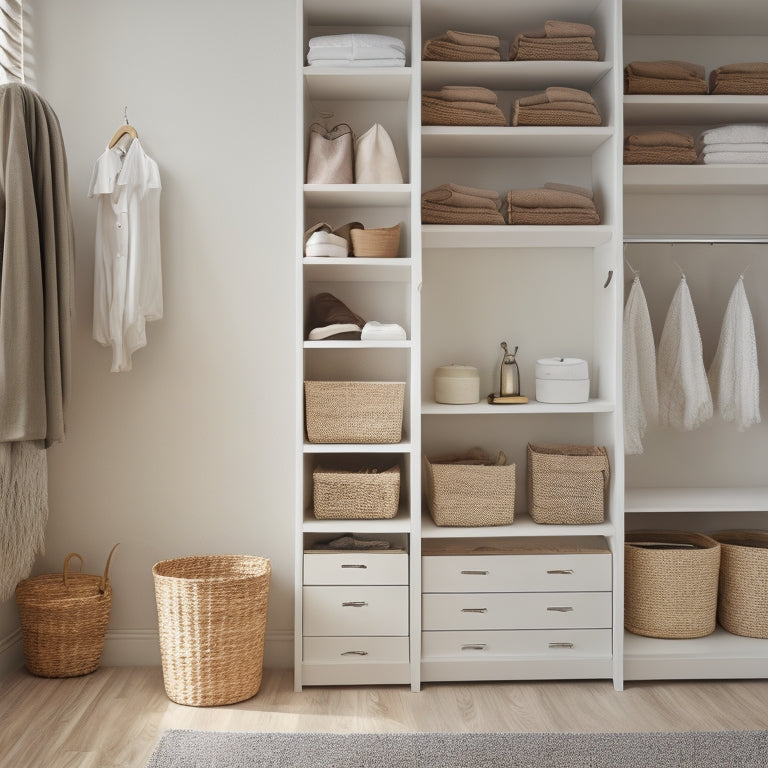 A serene, minimalist closet with whitewashed walls, featuring a mix of open shelves and closed cabinets in a natural wood tone, with neatly folded clothes and a few decorative baskets.