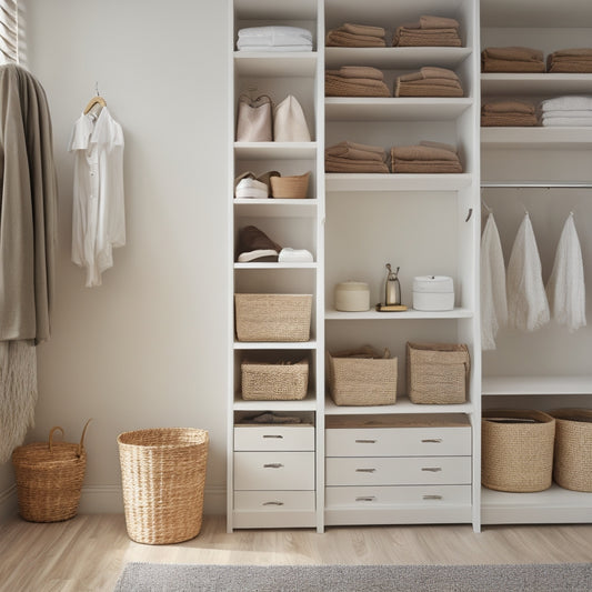 A serene, minimalist closet with whitewashed walls, featuring a mix of open shelves and closed cabinets in a natural wood tone, with neatly folded clothes and a few decorative baskets.