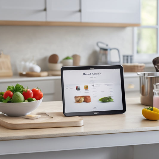 A kitchen counter with a sleek tablet displaying a meal planning app, surrounded by a smart scale, a recipe projector, and a few fresh ingredients, set against a clean and modern background.