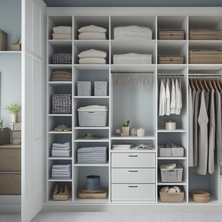A tidy closet interior with 3-4 shelves of varying heights, 2-3 rods at different levels, and a few baskets and bins, set against a light gray or beige background.