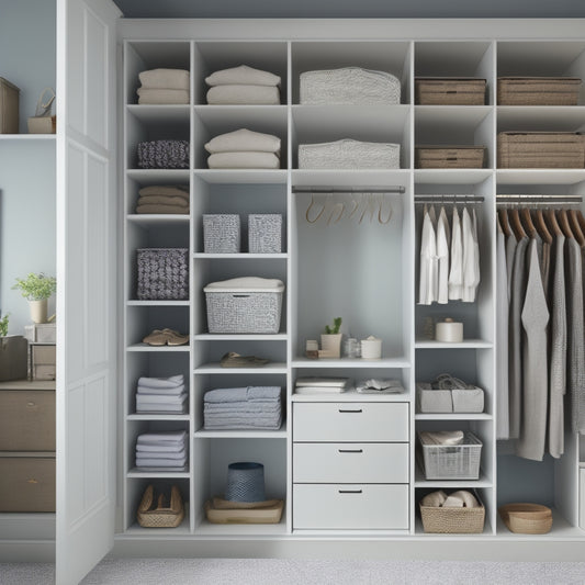 A tidy closet interior with 3-4 shelves of varying heights, 2-3 rods at different levels, and a few baskets and bins, set against a light gray or beige background.