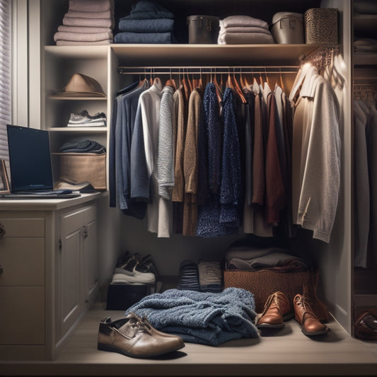 A cluttered closet with clothes scattered on the floor and shelves, contrasted with a tidy, digitally organized closet on a tablet screen in the foreground, with a subtle professional certificate icon.