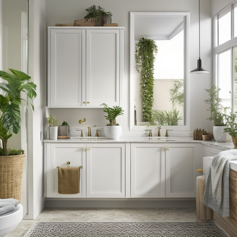 A serene bathroom featuring a wall-mounted cabinet with sliding mirrored doors, a recessed medicine cabinet, and a freestanding tub surrounded by a minimalist shelving unit with rolled towels and potted plants.