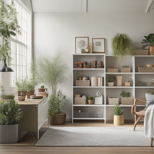 A serene, decluttered living room with a sleek, minimalist desk, a few potted plants, and a floor-to-ceiling shelving unit filled with neatly labeled storage bins and baskets.