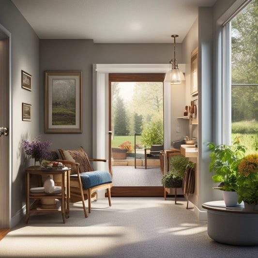 A serene, well-lit interior scene of a reimagined living space for seniors, featuring a wheelchair-accessible pathway, grab bars, and a walk-in shower with a comfortable seating area.