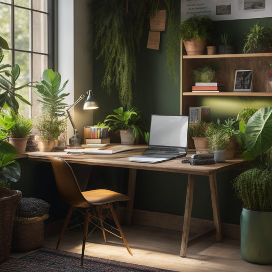 A serene, well-lit study area with a wooden desk, a laptop, and a few open textbooks, surrounded by green plants, a comfortable reading nook, and a bulletin board with colorful sticky notes.