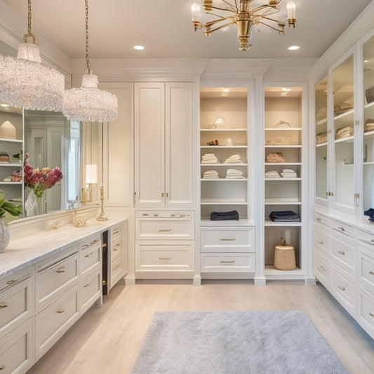 A serene, light-filled master closet with creamy white walls, dark wood shelves, and a central island with a Carrara marble countertop, surrounded by floor-to-ceiling mirrors and elegant pendant lights.