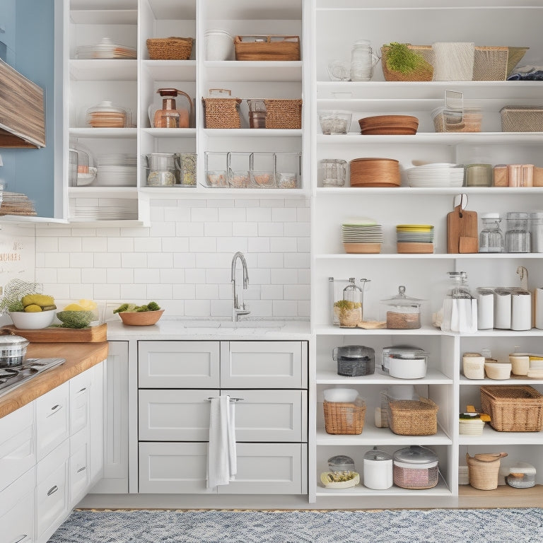 A bright, modern kitchen with open cabinet doors revealing tidy, labeled shelves, adjustable dividers, and baskets filled with utensils, cookbooks, and spices, against a clean white background.