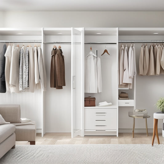 A serene, modern closet interior with cream-colored walls, polished wooden floor, and sleek, minimalist organizers in white and chrome, showcasing neatly arranged clothing and accessories.