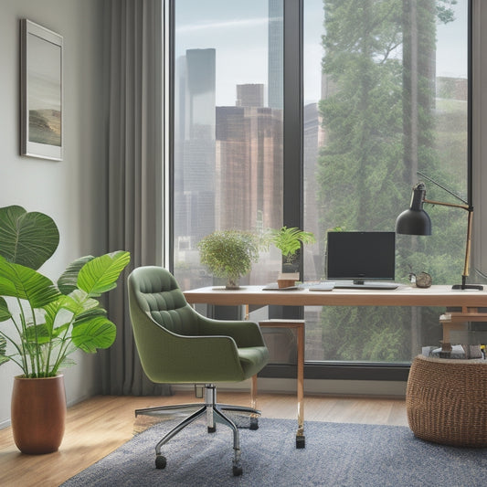 A clutter-free, well-lit home office with a modern ergonomic chair, a minimalist wooden desk, and a tall, lush green plant beside a floor-to-ceiling window with a cityscape view.