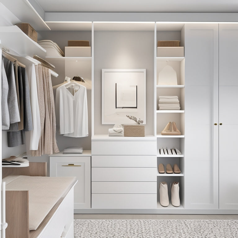 A serene, white, walk-in closet with a mixture of shelves, drawers, and rods, featuring a chic, minimalist aesthetic, with a few, carefully-placed, stylish outfits and accessories on display.