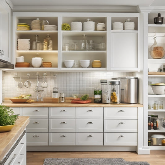 A modern kitchen with sleek, white cabinets, featuring a pull-out pantry with tiered shelves, a wall-mounted utensil organizer, and a compact, rotating spice rack above a countertop appliance garage.