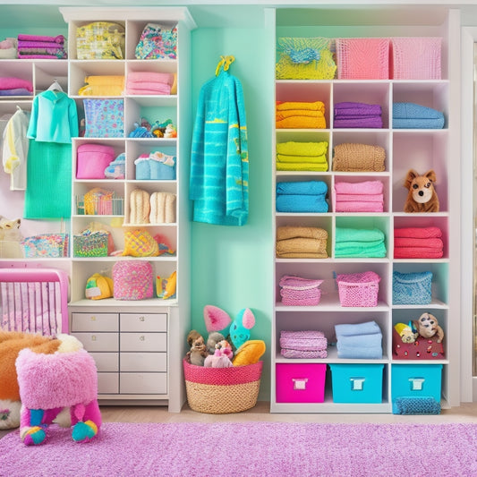 A bright, pastel-colored closet with stacked, labeled bins, a kid-sized clothing rack, and a colorful rug, surrounded by cheerful, framed artwork and a few stuffed animals peeking out from shelves.