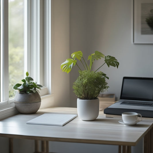 A serene, minimalist room with a few carefully placed possessions, a laptop open to a clutter-free digital space, and a calm, organized desk with a single, blooming plant.