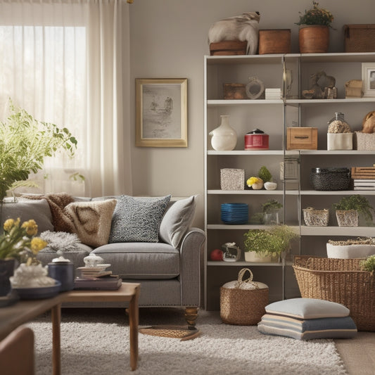 A serene, clutter-free living room with a few, carefully placed decorative items, a professional organizer in the background, surrounded by labeled storage bins and a tidy bookshelf.